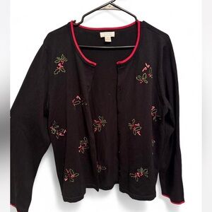 Christopher & Banks Black Cardigan with Red and Green Holly Candy Canes